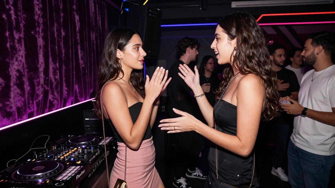 A stylish companion introducing a guest to a VIP area in a vibrant Dubai nightclub.