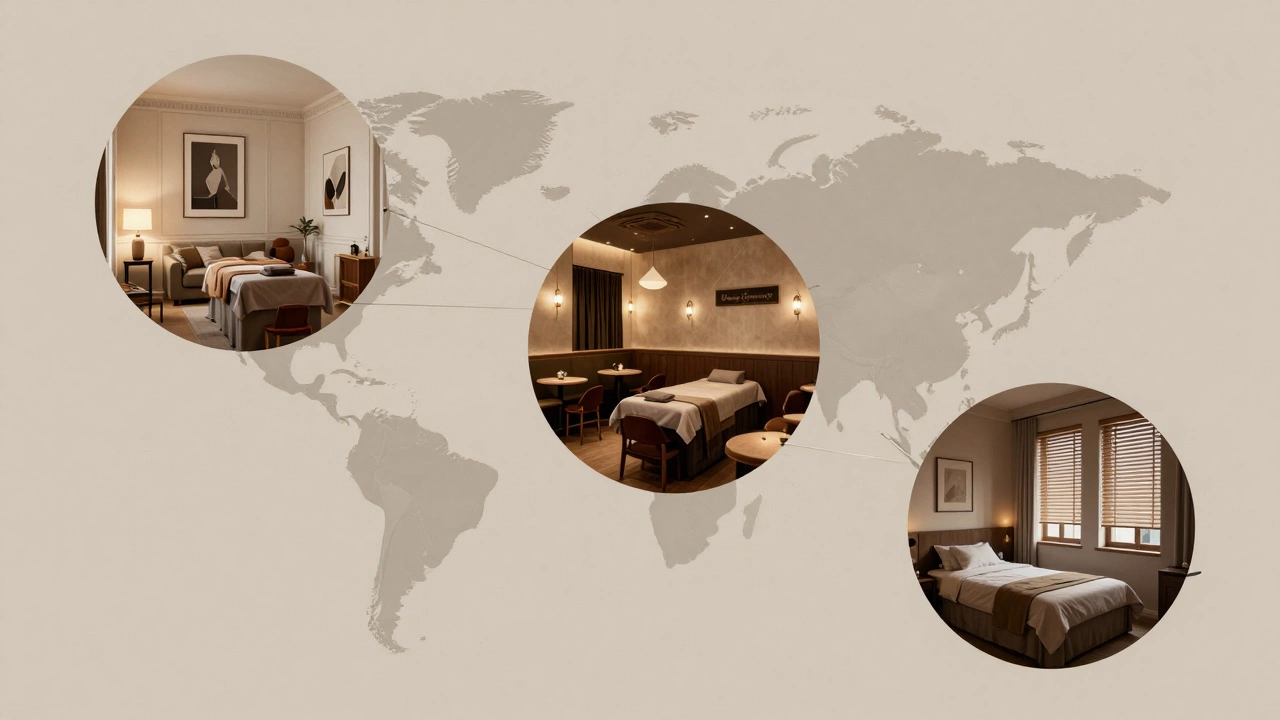 Conceptual collage of regional service environments in Paris, Bangkok, and London, connected by a network map.