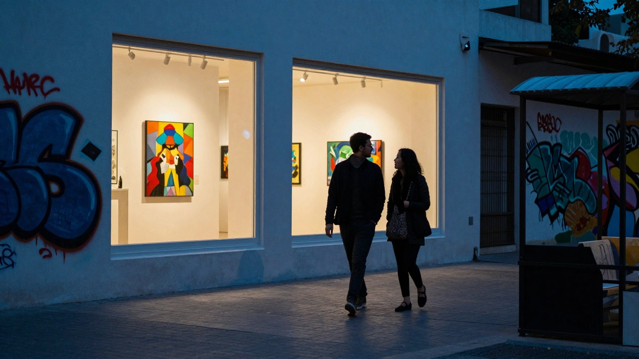 Two people walking past art galleries in Alserkal Avenue at night, sharing a quiet moment.