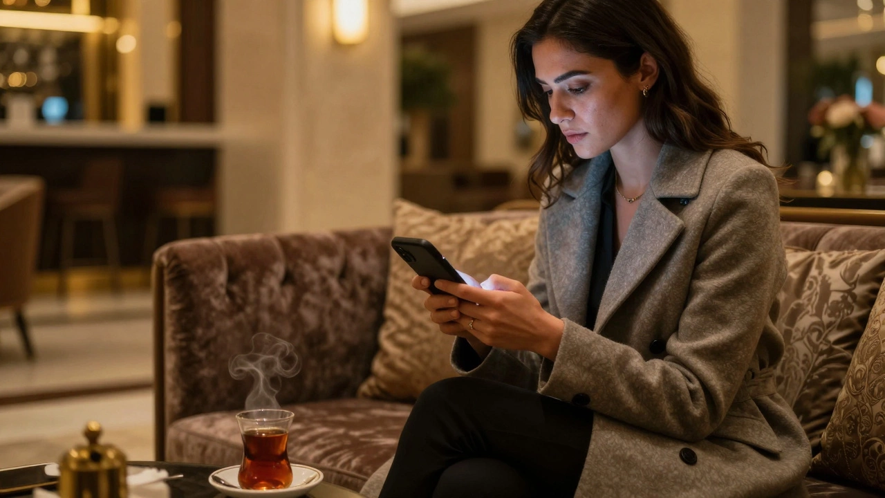 Woman discreetly reviewing a verified agency profile on her phone in a luxury Dubai hotel lobby.